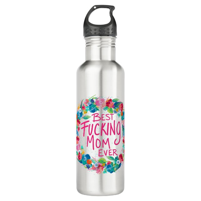 Farbenfrohe Blume Kranz Beste F*Mama je Edelstahlflasche (Vorderseite)