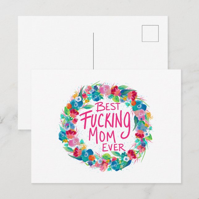 Farbenfrohe Blume Kranz Beste F*Mama je Postkarte (Vorne/Hinten)