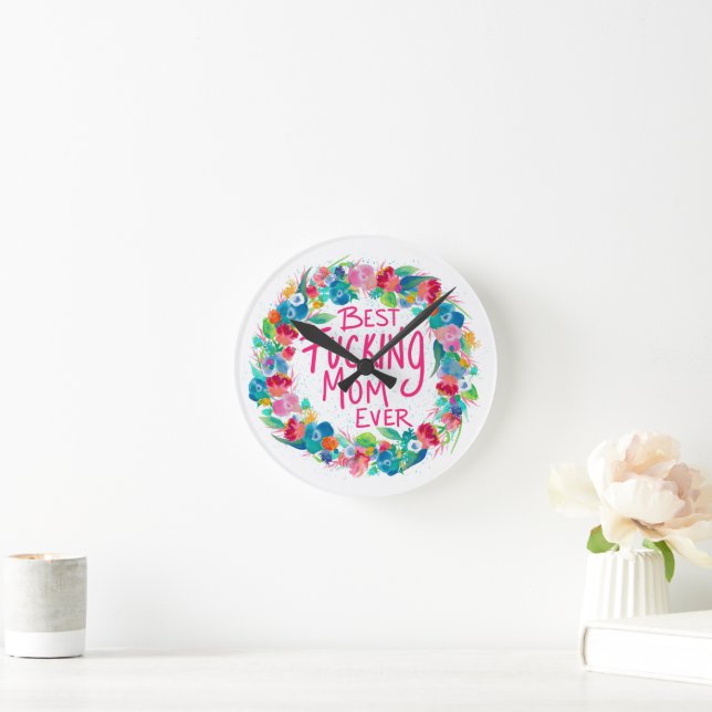 Farbenfrohe Blume Kranz Beste F*Mama je Runde Wanduhr (Zuhause)