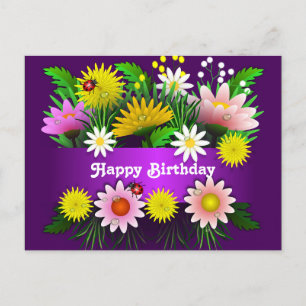 Farbenfrohe Blume Lady Bugs Wasserfarbe Geburtstag Postkarte