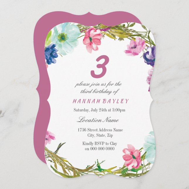 Farbenfrohe Blume Mädchen 3. 4. 5. Einladung (Vorne/Hinten)