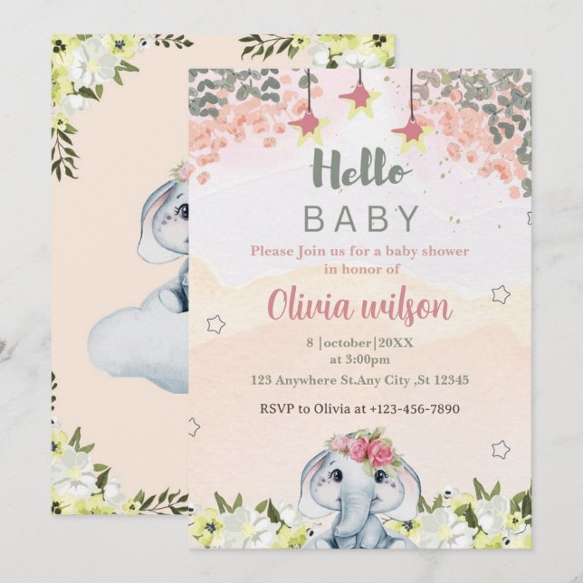 farbenfrohe Blume mit niedlichem ElefantenParty Einladung (Vorne/Hinten)