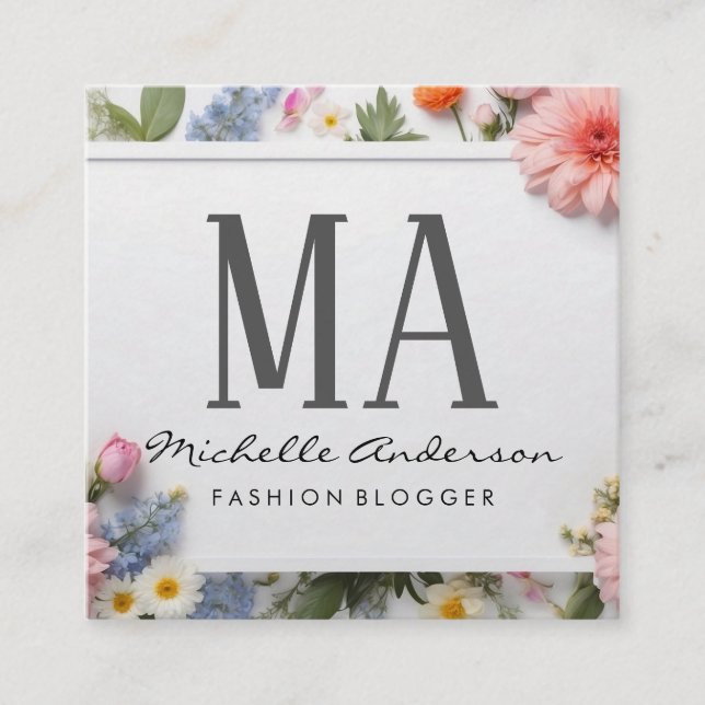 Farbenfrohe Blume | Monogramm Quadratische Visitenkarte (Vorderseite)
