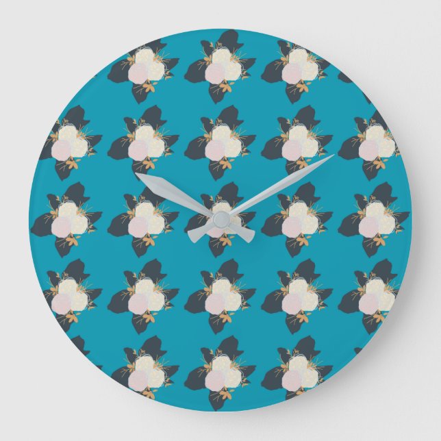 Farbenfrohe Blume Muster auf blauem Hintergrund Große Wanduhr (Vorderseite)