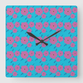 Farbenfrohe Blume Muster auf blauem Hintergrund Quadratische Wanduhr