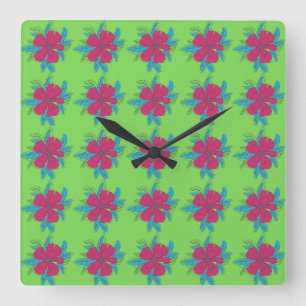 Farbenfrohe Blume Muster auf grünem Hintergrund Quadratische Wanduhr