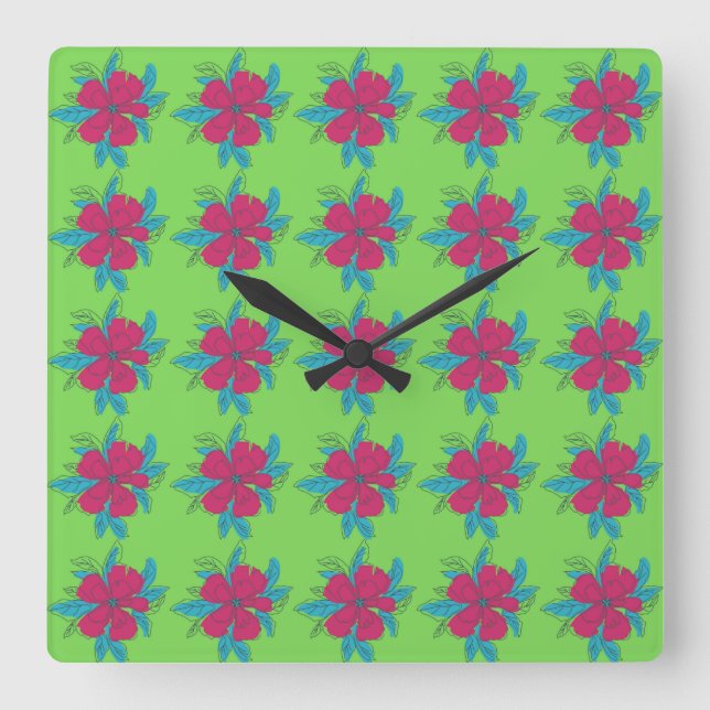 Farbenfrohe Blume Muster auf grünem Hintergrund Quadratische Wanduhr (Vorderseite)