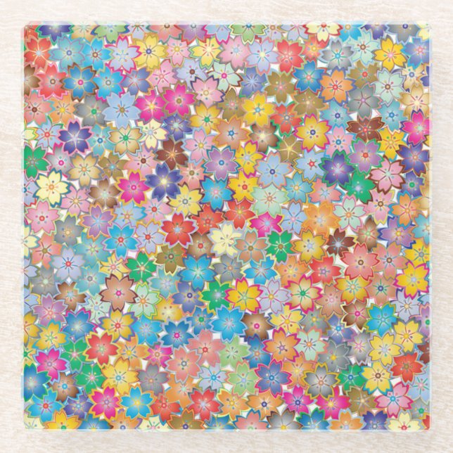 Farbenfrohe Blume Muster Boho Glasuntersetzer (Vorderseite)