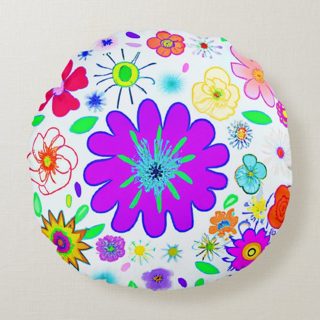 Farbenfrohe Blume Muster Rundes Kissen (Vorderseite)
