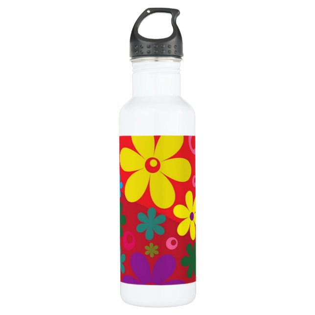 Farbenfrohe Blume Power auf rotem Muster Edelstahlflasche (Vorderseite)