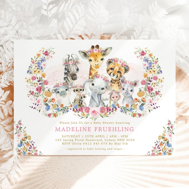 Farbenfrohe Blume Safari Animals Girl Baby Dusche Einladung (Von Creator hochgeladen)