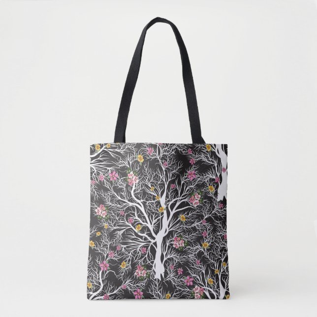 Farbenfrohe Blume: Schwarzer Baum Nahtlos Tasche (Vorderseite)