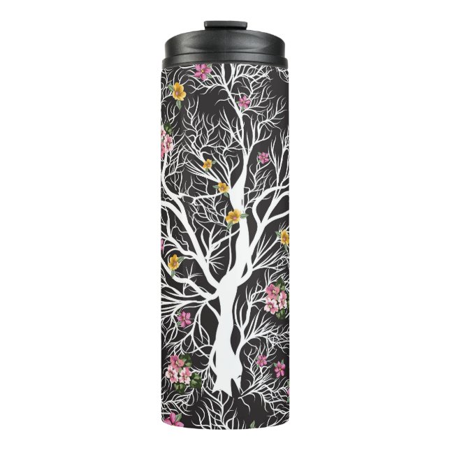 Farbenfrohe Blume: Schwarzer Baum Nahtlos Thermosbecher (Vorderseite)