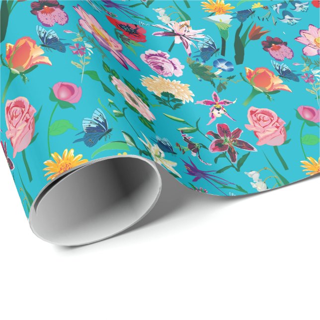 Farbenfrohe Blume Türkis Hintergrund Geschenkpapier (Rolleneckpunkt)