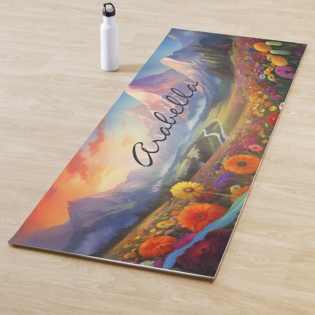 Farbenfrohe Blume und Berge Naturmeditation Yogamatte (Beispiel)