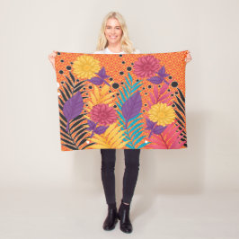 farbenfrohe Blume und Blätter auf schwarzem Hinter Fleecedecke