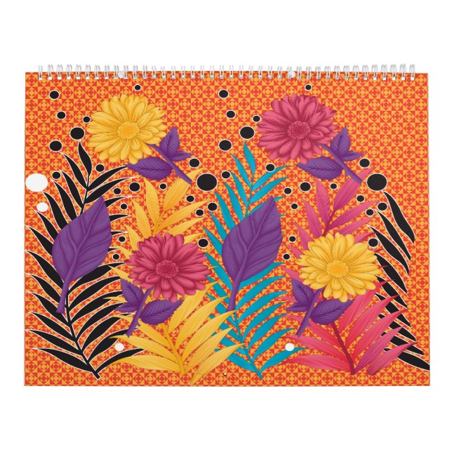 farbenfrohe Blume und Blätter auf schwarzem Hinter Kalender (Titelbild)