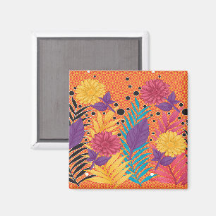 farbenfrohe Blume und Blätter auf schwarzem Hinter Magnet