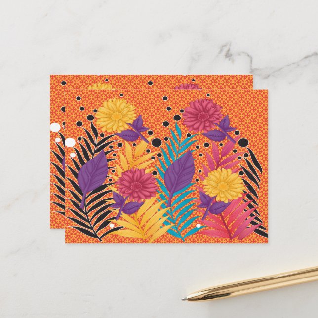 farbenfrohe Blume und Blätter auf schwarzem Hinter Postkarte (Vorderseite/Rückseite Beispiel)