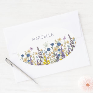 Farbenfrohe Blume und Schmetterlinge Individuelle  Ovaler Aufkleber