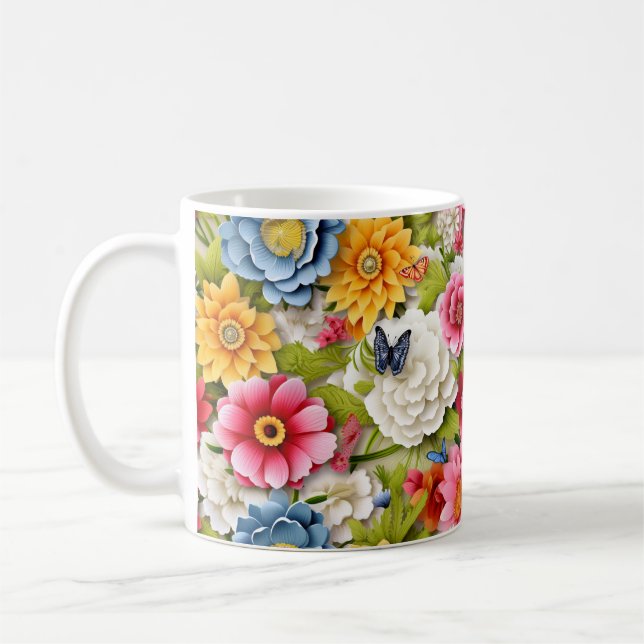 Farbenfrohe Blume und Schmetterlinge Kaffeetasse (Links)