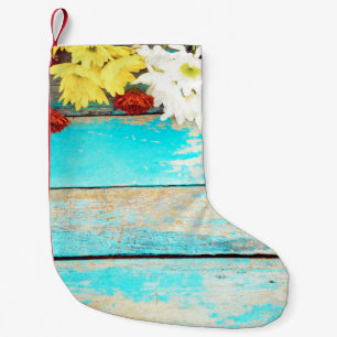 Farbenfrohe Blume, Vintager Holzrahmen. Kleiner Weihnachtsstrumpf