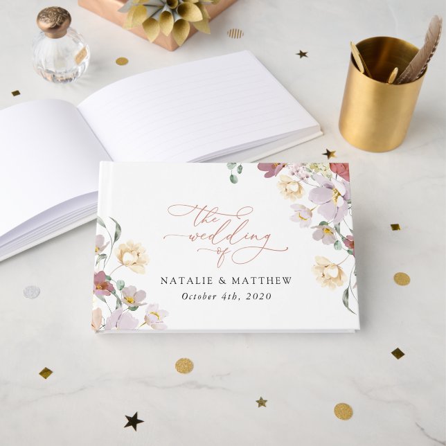 Farbenfrohe Blume, Wildblumen, Boho, Hochzeit Gästebuch (Vorderseite Offen)