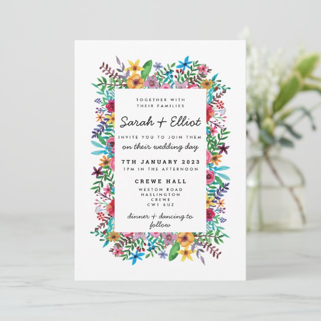 Farbenfrohe Blume zum Hochzeitsempfang Einladung (Stehend Vorderseite)