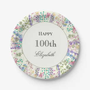 Farbenfrohe Blumen 100. Geburtstag Papier Teller