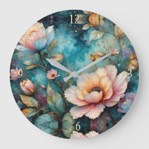Farbenfrohe Blumen Blätter und Himmel Große Wanduhr