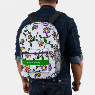 Farbenfrohe Blumen, blauer Hintergrund, Grün Bedruckter Rucksack