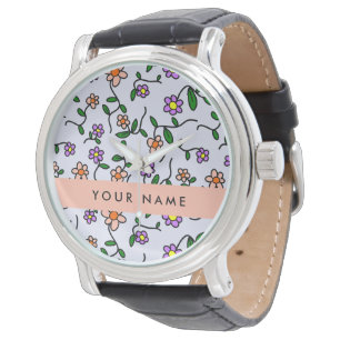 Farbenfrohe Blumen, blauer Hintergrund, Orange Armbanduhr
