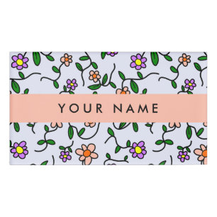 Farbenfrohe Blumen, blauer Hintergrund, Orange Namenschild