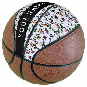 Farbenfrohe Blumen, blauer Hintergrund, schwarz Basketball