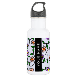 Farbenfrohe Blumen, blauer Hintergrund, schwarz Edelstahlflasche