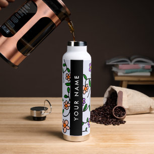 Farbenfrohe Blumen, blauer Hintergrund, schwarz Trinkflasche
