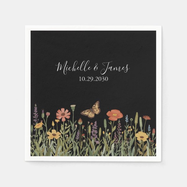 Farbenfrohe Blumen-Boho-Wildblumen-Hochzeit Schwar Serviette (Vorderseite)