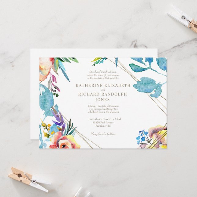 Farbenfrohe Blumen Elegante Horizontale Hochzeit Einladung (Vorderseite/Rückseite Beispiel)