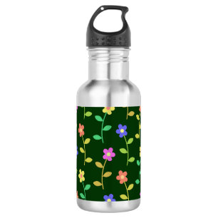 Farbenfrohe Blumen, Florales Muster, Grünpflanzen, Edelstahlflasche