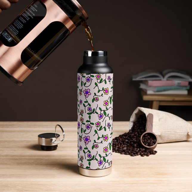 Farbenfrohe Blumen, florales Muster, Grünpflanzen, Trinkflasche (Kaffee)