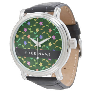 Farbenfrohe Blumen, grüner Hintergrund, Schwarz Armbanduhr