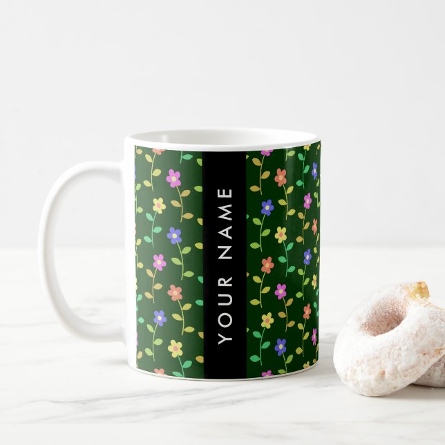 Farbenfrohe Blumen, grüner Hintergrund, Schwarz Kaffeetasse (Mit Donut)