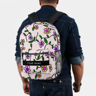 Farbenfrohe Blumen, rosa Hintergrund, Schwarz Bedruckter Rucksack