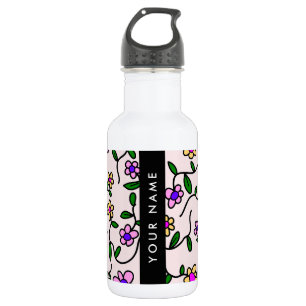 Farbenfrohe Blumen, rosa Hintergrund, Schwarz Edelstahlflasche