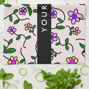 Farbenfrohe Blumen, Rosa Hintergrund, Schwarz Geschirrtuch