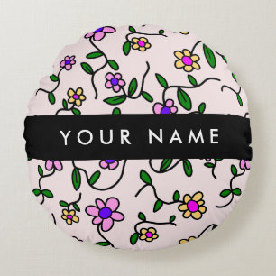 Farbenfrohe Blumen, rosa Hintergrund, Schwarz Rundes Kissen