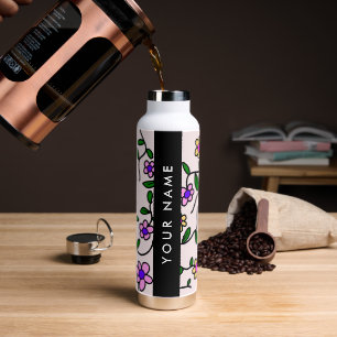 Farbenfrohe Blumen, rosa Hintergrund, Schwarz Trinkflasche