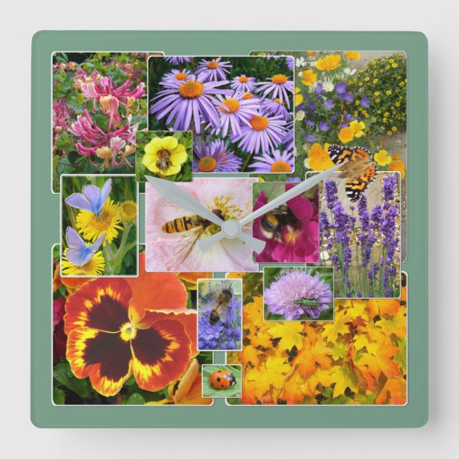 Farbenfrohe BlumenCollage Quadratische Wanduhr (Vorderseite)