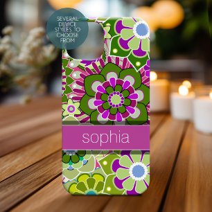 Farbenfrohe Blumendarstellung - rosa und grüne Bez iPhone 15 Hülle