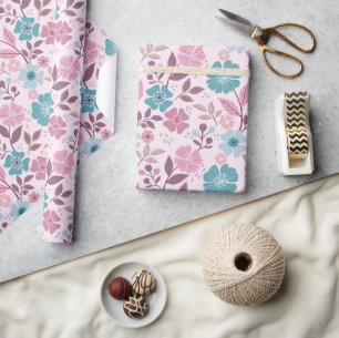 Farbenfrohe Blumendrucke - Aquamarine Papierrolle Geschenkpapier